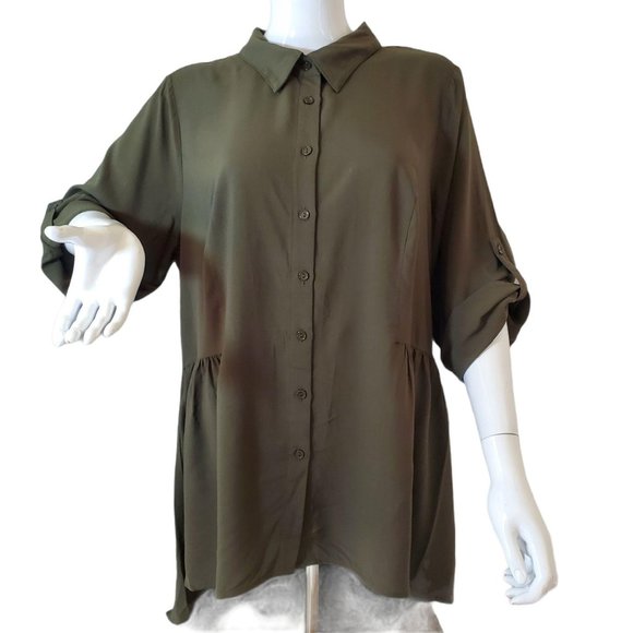 City Chic Tunic Top Military Green 16 High Low Button Front Collar 3/4 Sleeve NW - Picture 9 of 12